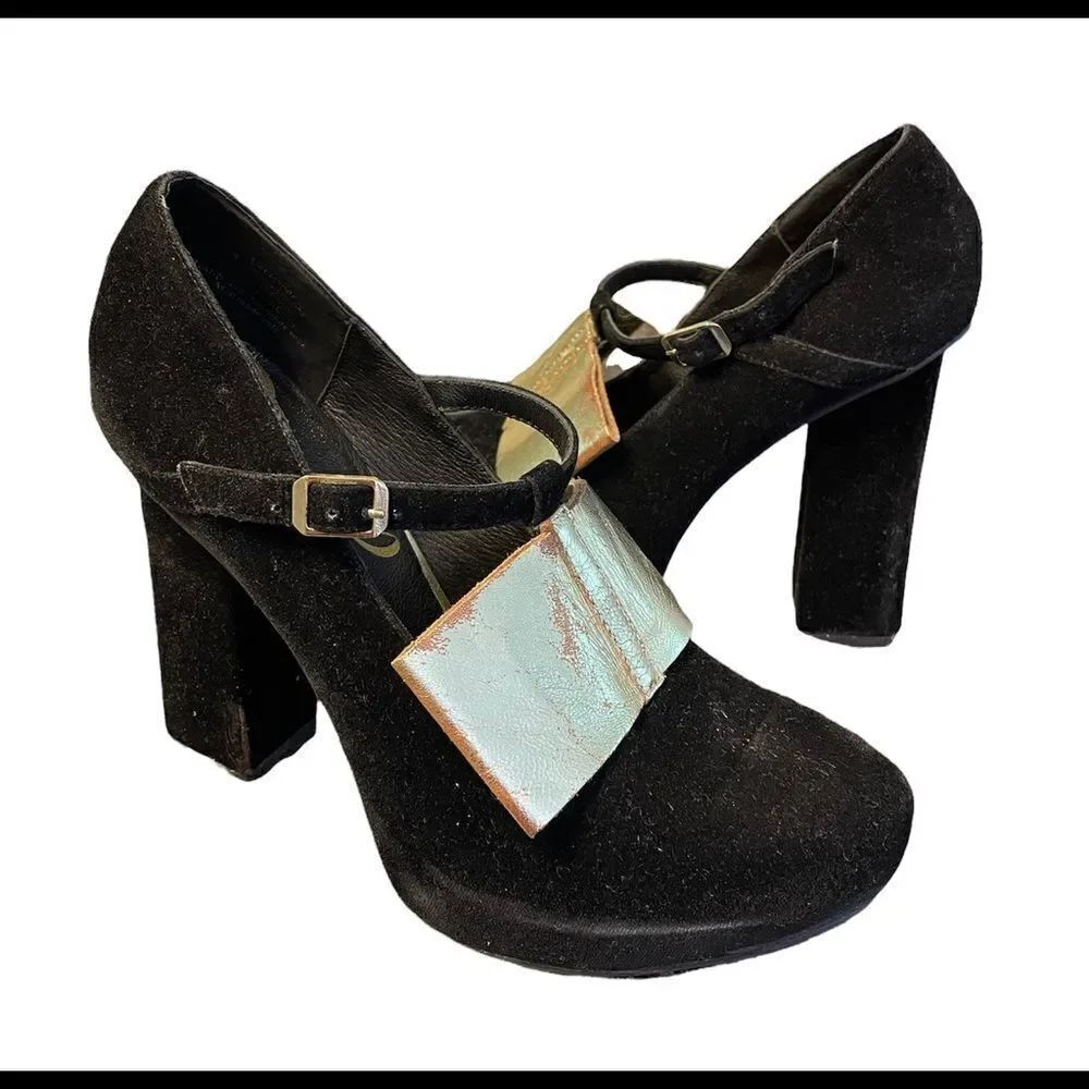 Vogue Platforms Shoes Black Velvet Gold Leather Bow 9